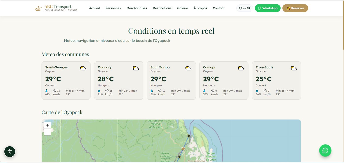 Page conditions en temps réel : météo des communes du bassin de l'Oyapock